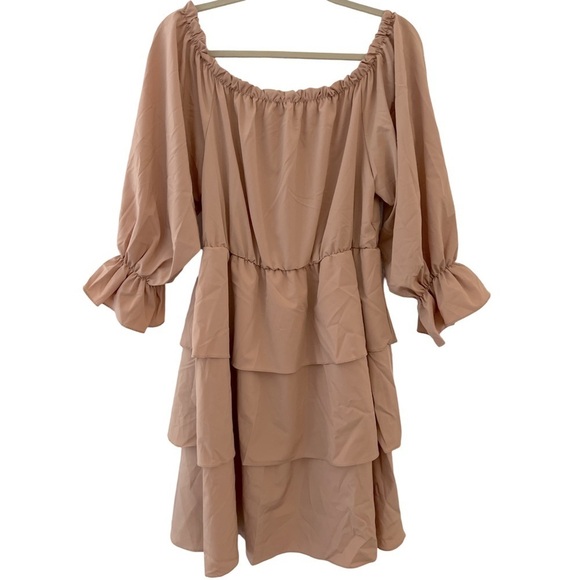 Khaki Tan Tiered Ruffle Off Shoulder Balloon Sleeves Dress - Picture 3 of 5